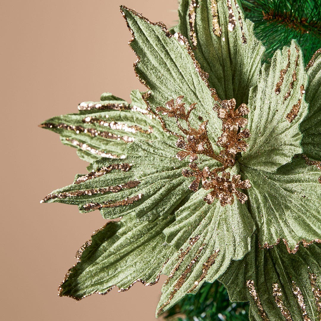 DECS_HT S4 Lrg Ribbed Velvet Poinsettia Clip  · Sage