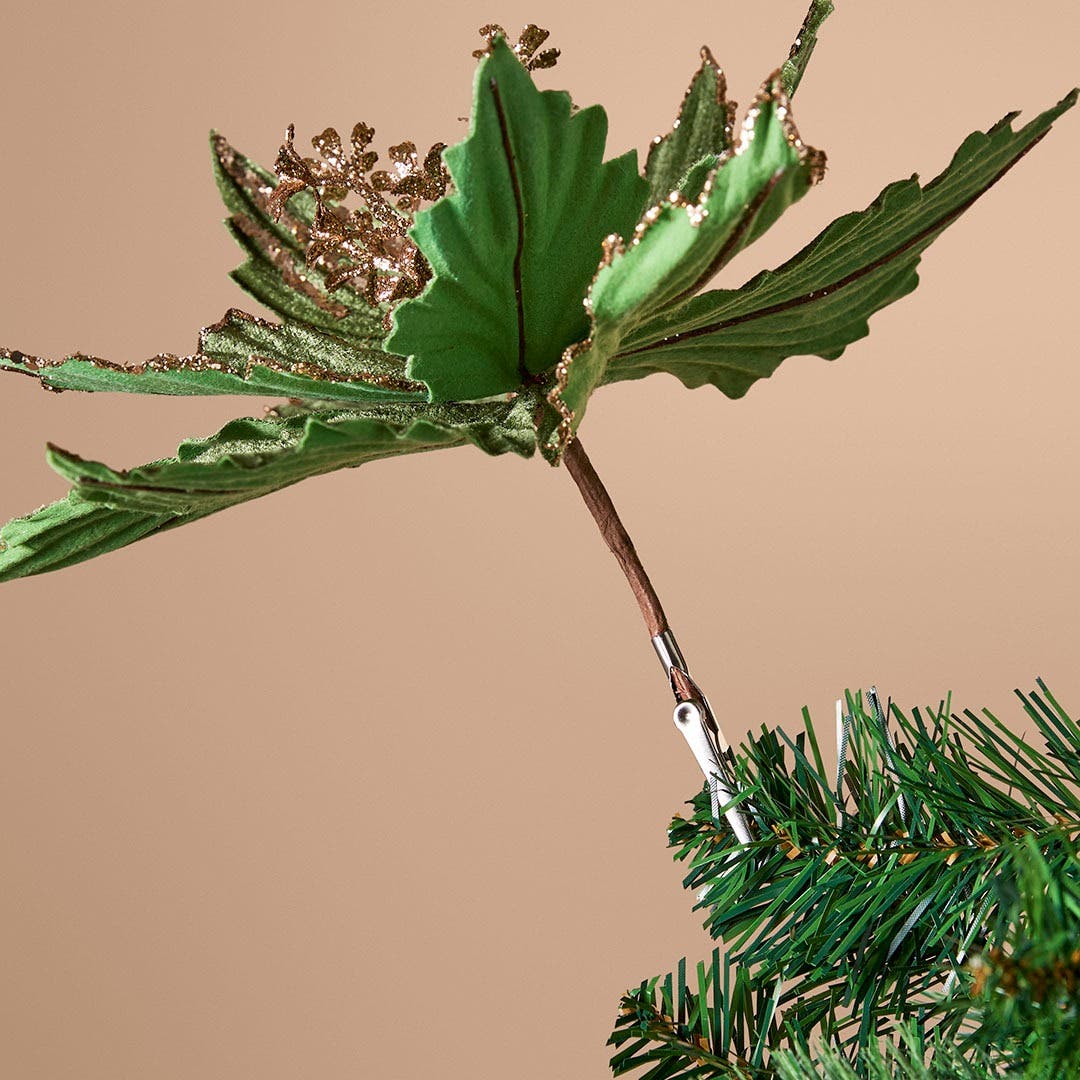 DECS_HT S4 Lrg Ribbed Velvet Poinsettia Clip  · Sage